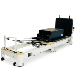 Reformer Pilates Fitli Profesional – Pliabil, Cadru din Aluminiu, Alb, cu Cutie si Placa de Sarituri