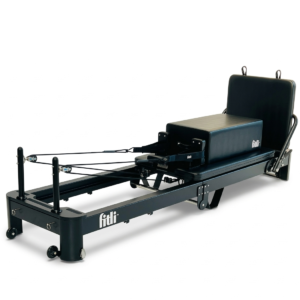 Reformer Pilates Fitli Profesional – Pliabil, Cadru din Aluminiu, Negru, cu Cutie si Placa de Sarituri