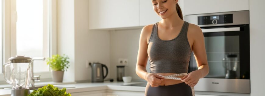 Femeie tânără măsurându-și talia cu centimetrul în bucătărie modernă