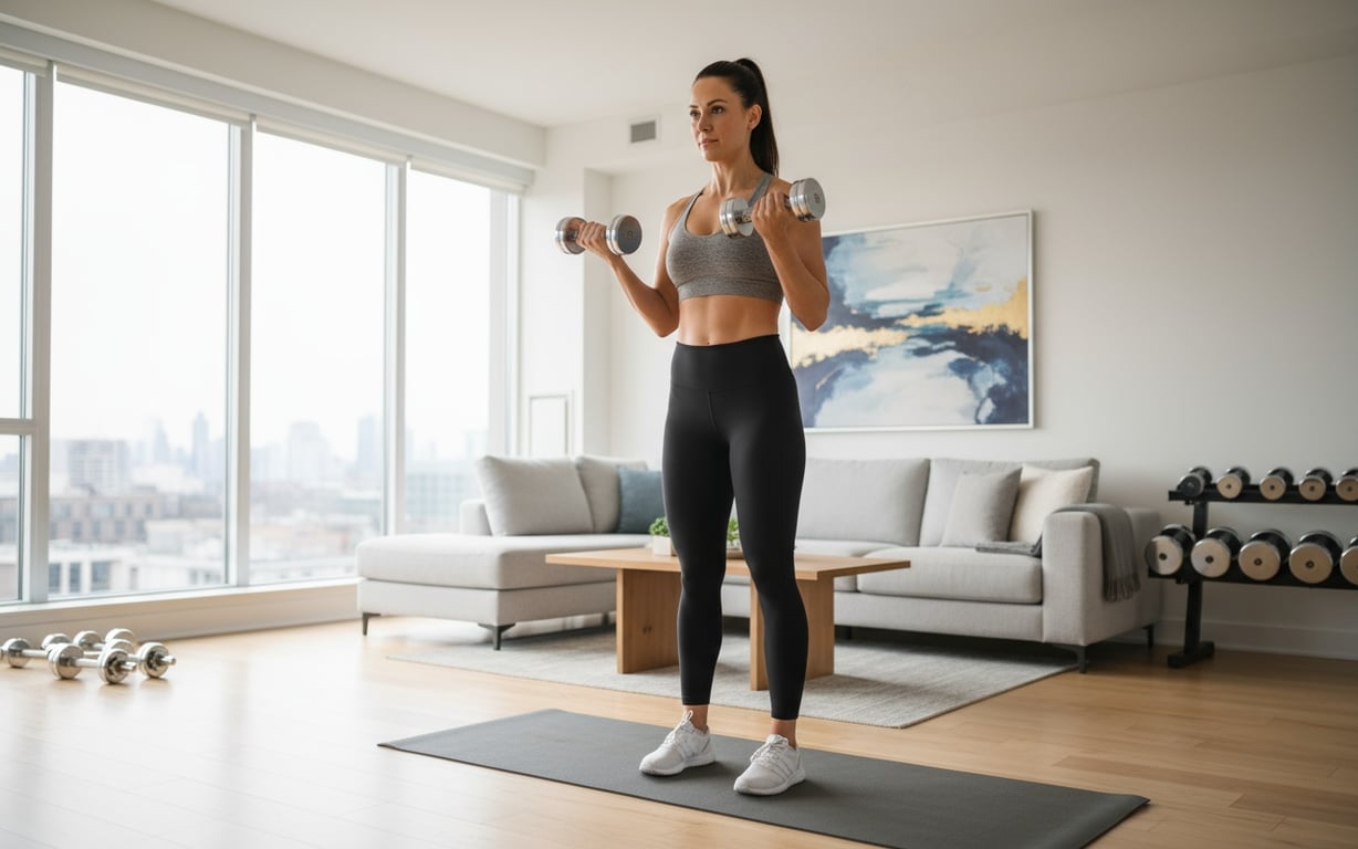 Persoană antrenându-se cu gantere într-un living modern, demonstrând conceptul de fitness acasă