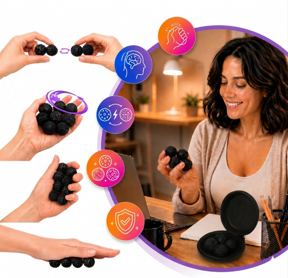 Set 4 Bile Magnetice Senzoriale Antistres Fitli, Silicon, Diverse Texturi, Husa Inclusa, Negru - imagine 10