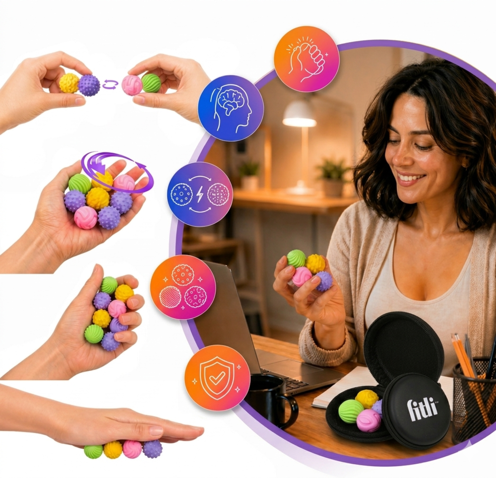 Set 4 Bile Magnetice Senzoriale Antistres Fitli, Silicon, Diverse Texturi, Husa Inclusa, Multicolor - imagine 8