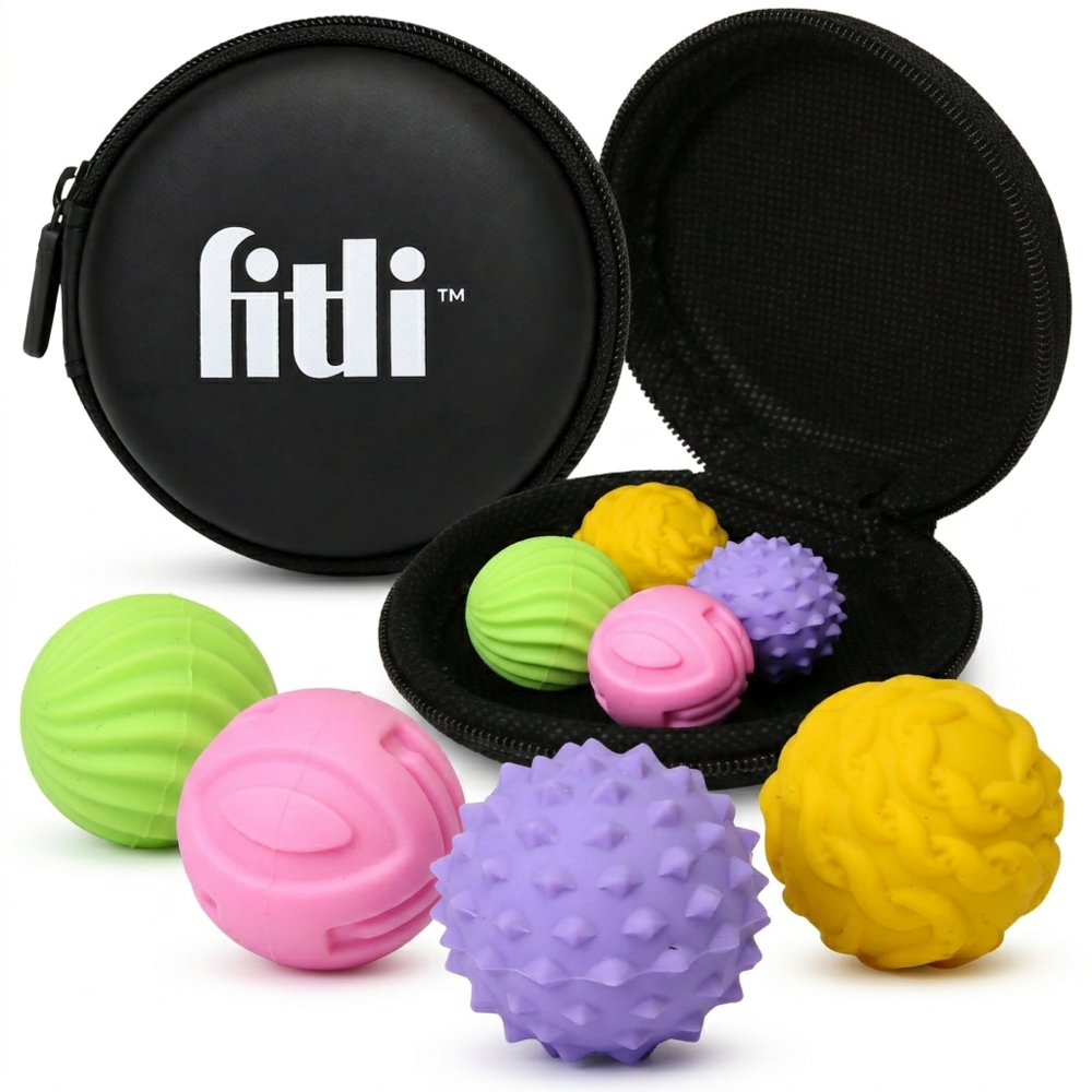 Set 4 Bile Magnetice Senzoriale Antistres Fitli, Silicon, Diverse Texturi, Husa Inclusa, Multicolor - imagine 7