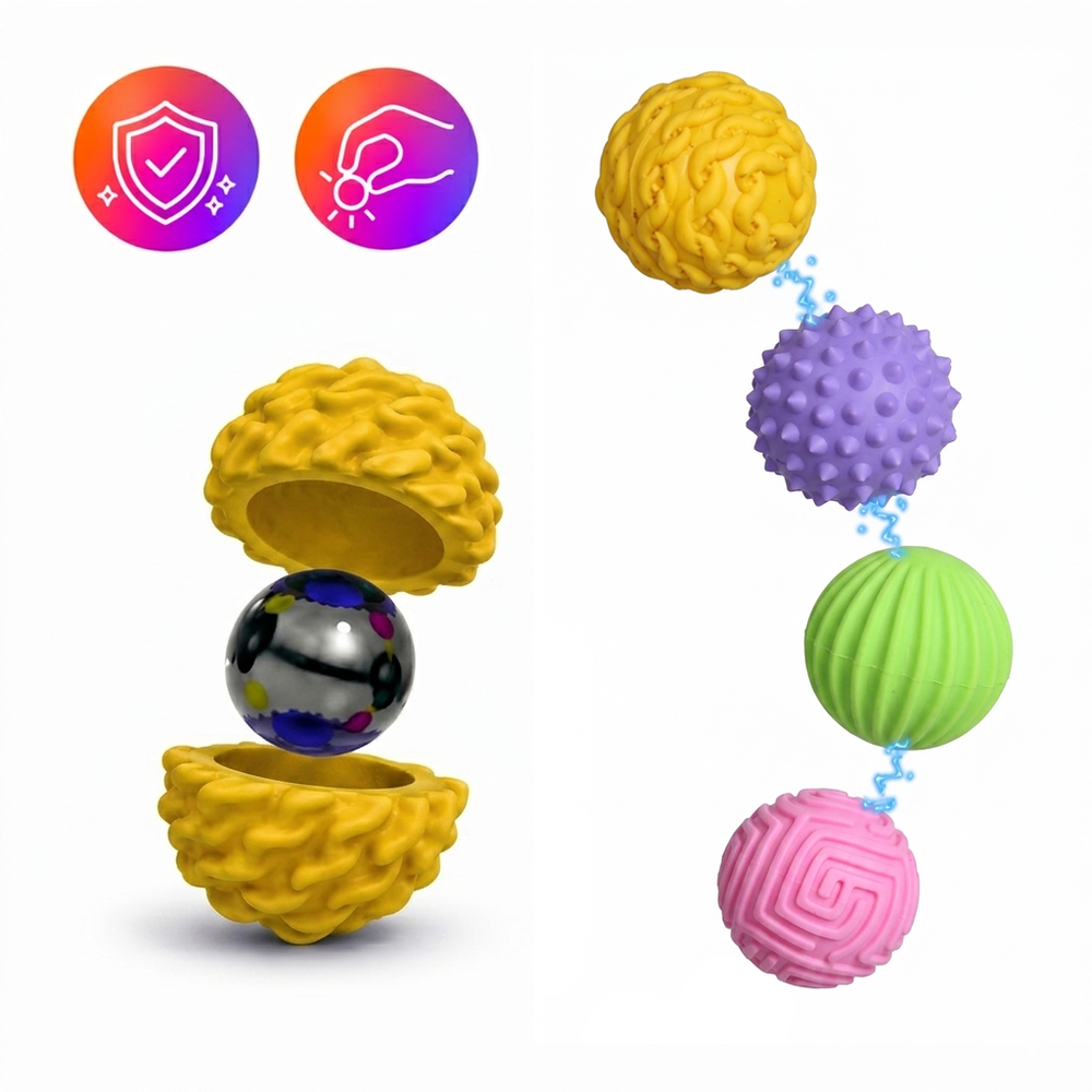 Set 4 Bile Magnetice Senzoriale Antistres Fitli, Silicon, Diverse Texturi, Husa Inclusa, Multicolor - imagine 4