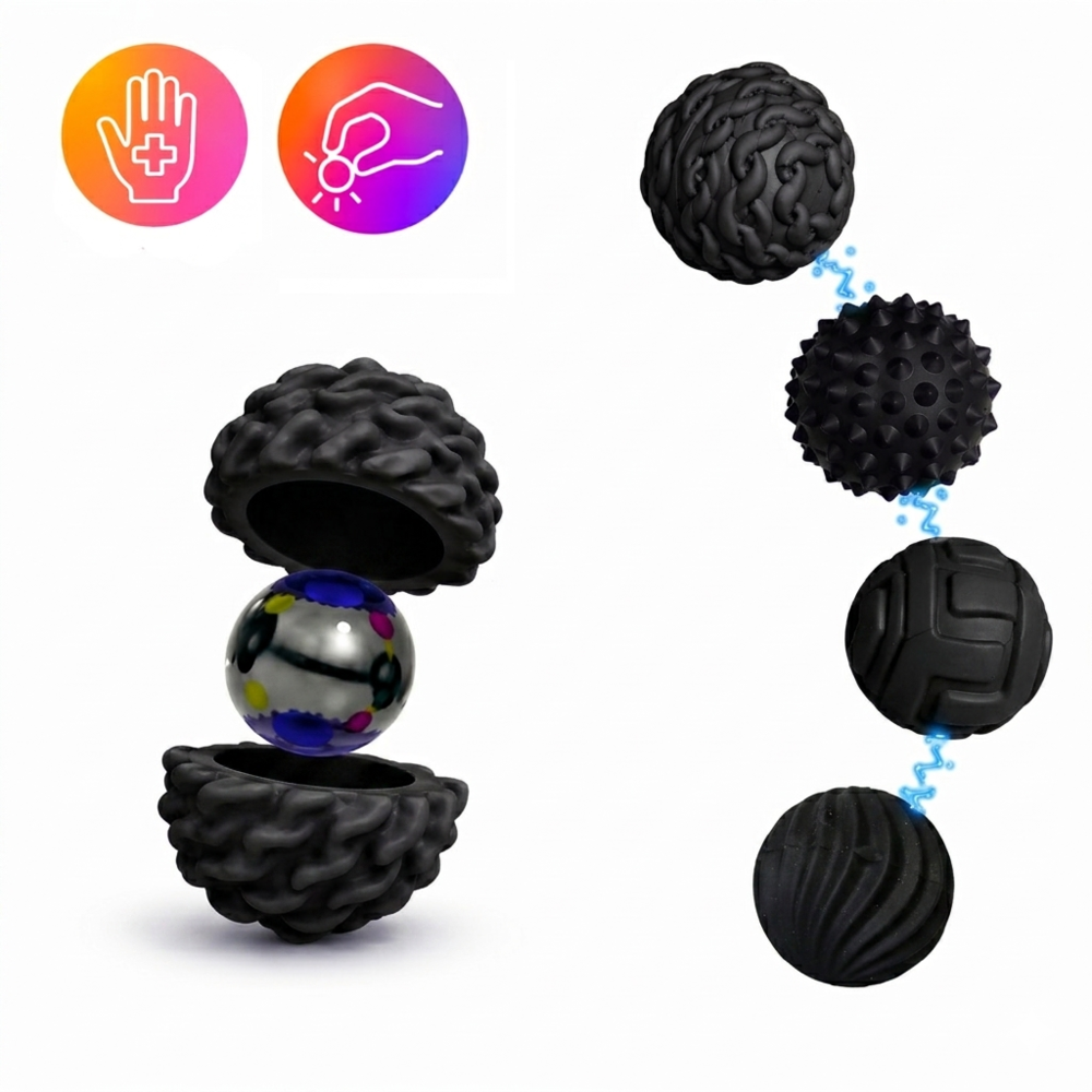 Set 4 Bile Magnetice Senzoriale Antistres Fitli, Silicon, Diverse Texturi, Husa Inclusa, Negru - imagine 6