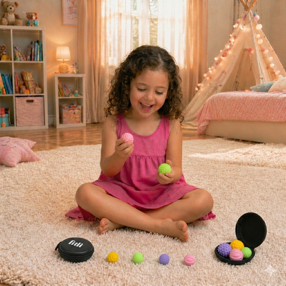 Set 4 Bile Magnetice Senzoriale Antistres Fitli, Silicon, Diverse Texturi, Husa Inclusa, Multicolor - imagine 3